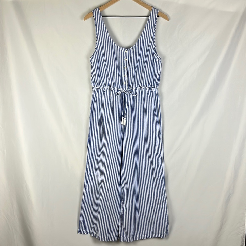 J.Crew Sofia Linen Stripe Cobalt Sea Button Front Cinched Tie Jumpsuit Size S